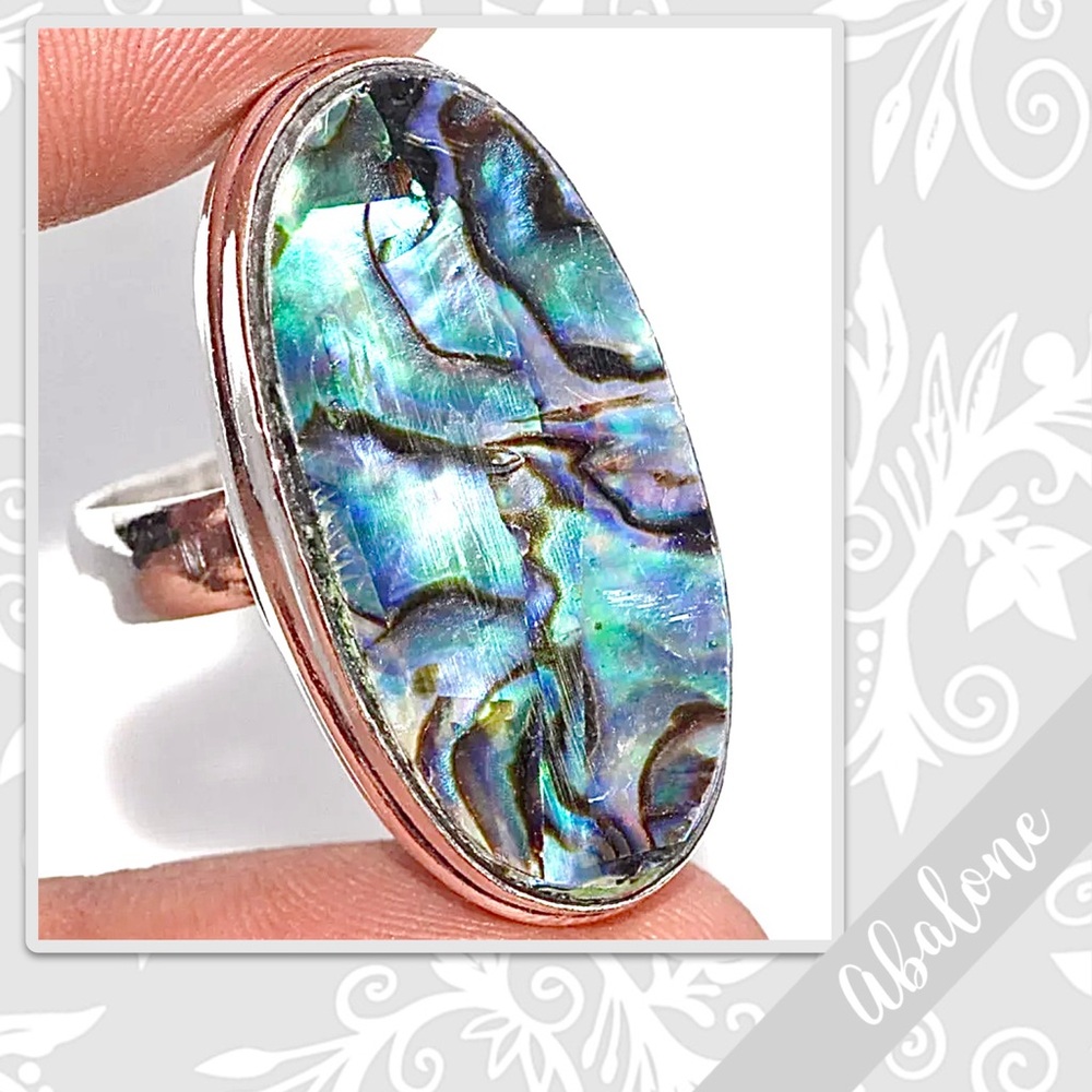 Abalone Shell Large Eclectic Silver Artisan Ring, Size 7.5 (Green, Blue, Purple)